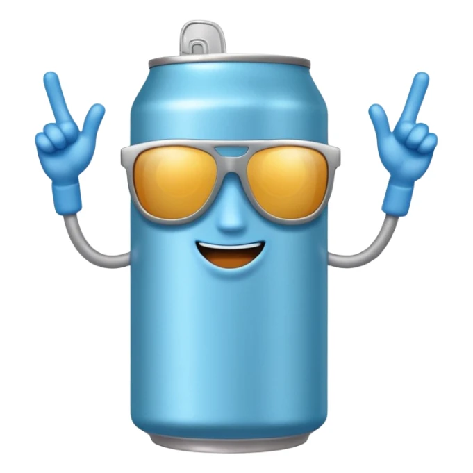 A soda can with a light blue color, with legs, arms, and a face. It can be seen wearing sunglasses sticker