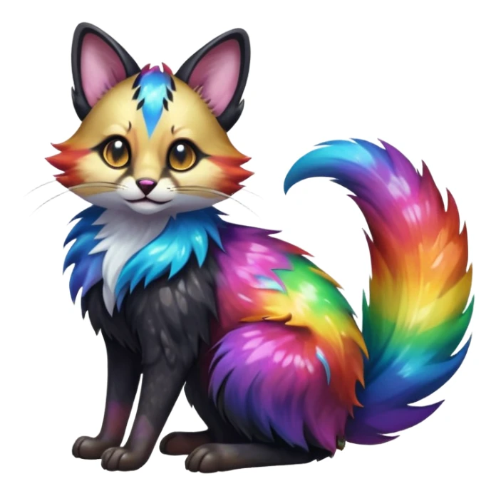 Hyper realistic  tar-black fur drenched in rainbow oil slick like spilled cosmos beautiful elegant pretty precious cute  Fakémon-Pokémon-opossum-feline-serval-caracal-chinchilla-Furret-Minccino-hybrid-creature with a big fluffy bushy tail (full body) sticker