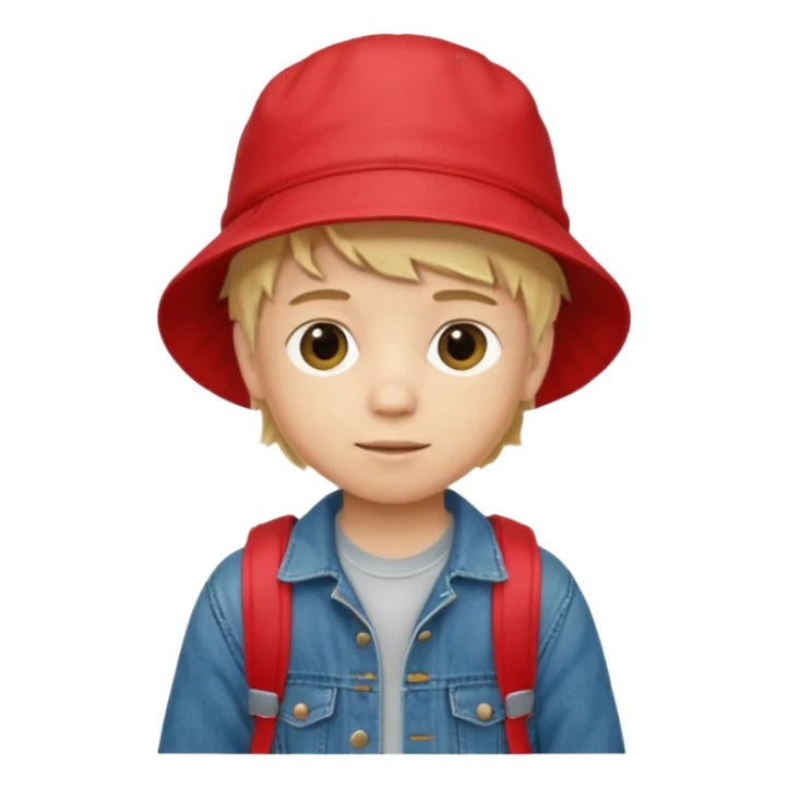 A little boy student, blonde hair, with red bucket hat, jean jacket, backpack sticker
