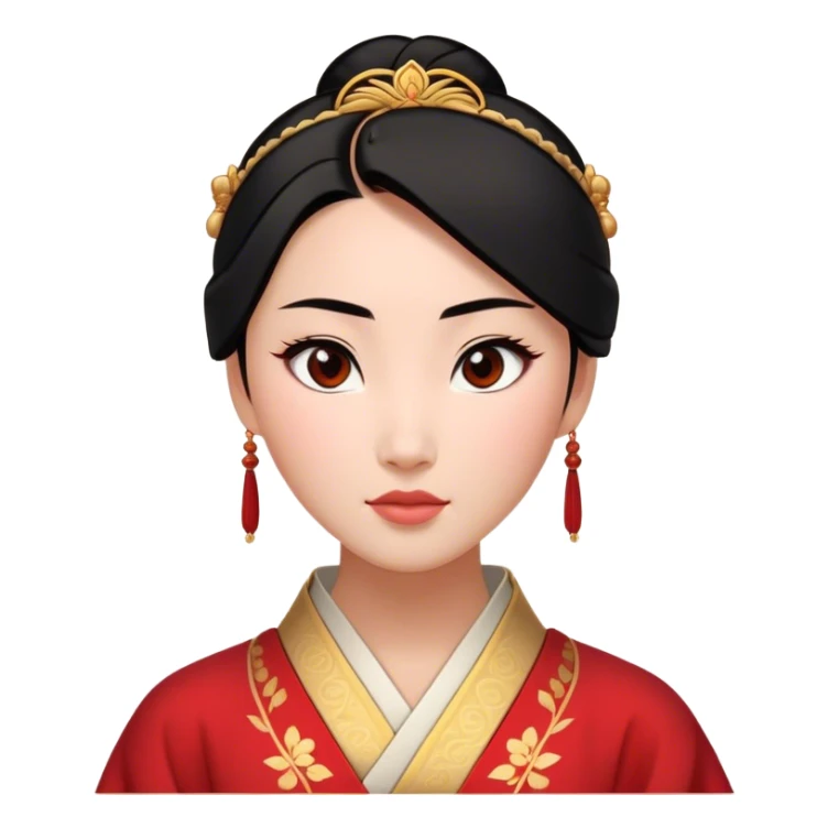 Cinematic Elegant Mulan Portrait Emoji, rendered in a realistic, vector-style with minimal shading and bold, simplified shapes. Depict Mulan (chest and above) with warm, light-toned skin, almond-shaped eyes, and sleek black hair styled in a traditional bun. She wears a modest, traditional robe with subtle red and gold accents, glowing with a soft, refined radiance and high shine, capturing timeless beauty and inner strength. sticker