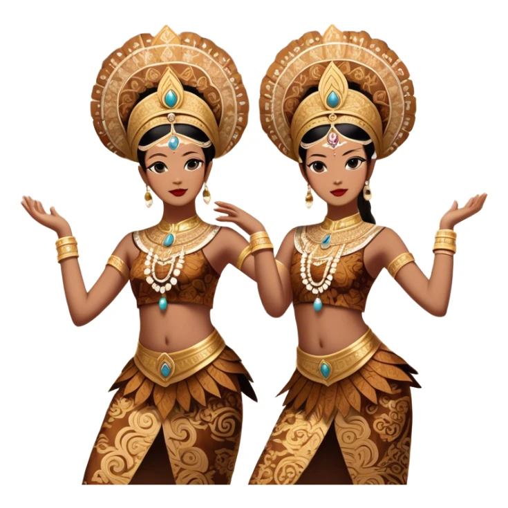 ​Cinematic Realistic Traditional Javanese Dancers, depicted as two graceful dancers in ornate traditional costumes with intricate batik patterns and elaborate headpieces, captured in dynamic poses during a ritual dance in an ancient temple courtyard, rendered with soft golden lighting and rich cultural textures, sticker