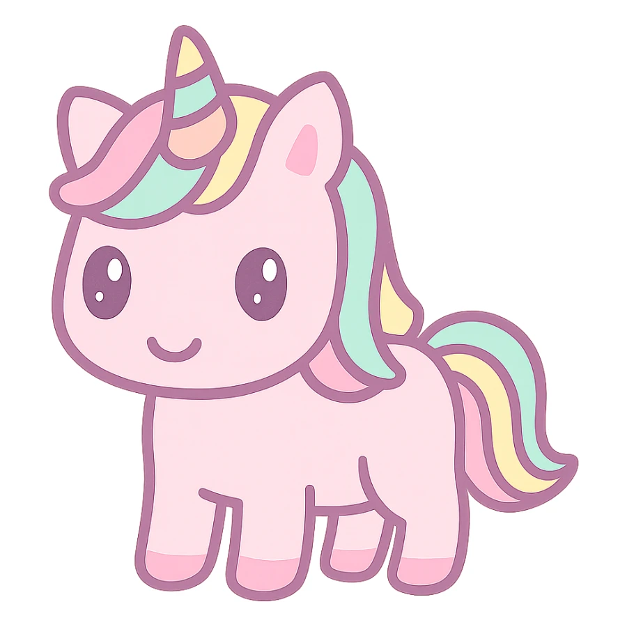 pink glitter unicorn with rainbow mane and rainbow horn in kawaii style sticker