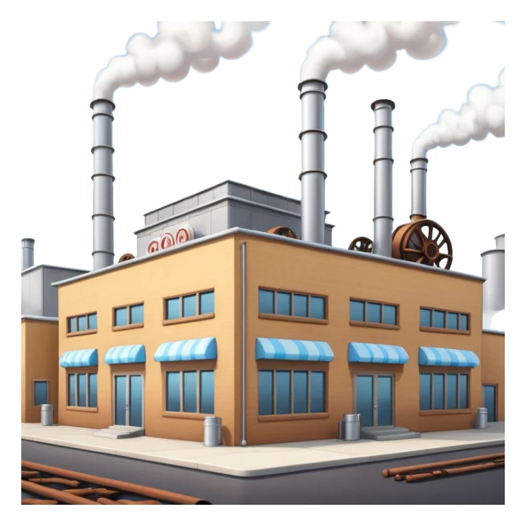 Outside view of an industrial cookie factory, multiple smokestacks, thick metal pipes crisscrossing the facade and roof, large windows hinting at inner machinery, emoji-style sticker