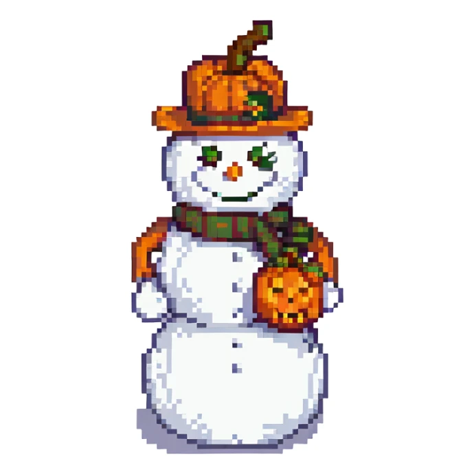 snowman with carved pumpkin head, pixel art style sticker