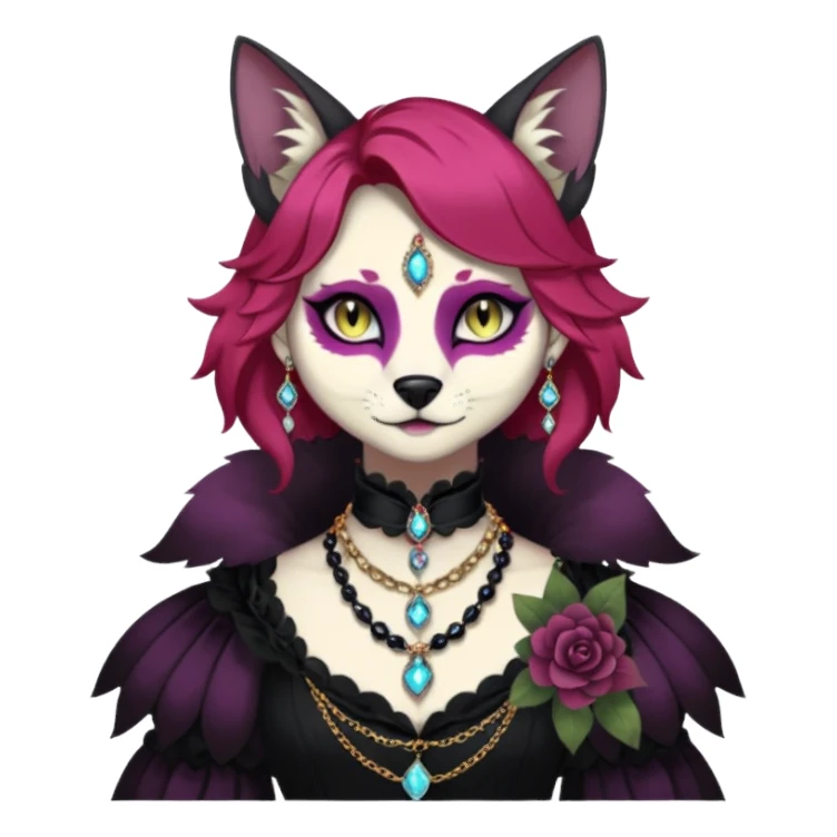 Multicolored gloomy dark edgy Victorian spooky hot warm badass realistic floral exotic Falvie-Fionbri-fursona, full body, wearing jewelries sticker