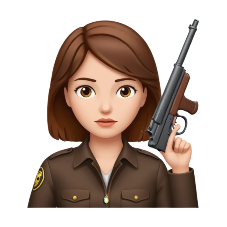A lady with brown hair with a gun to her head sticker