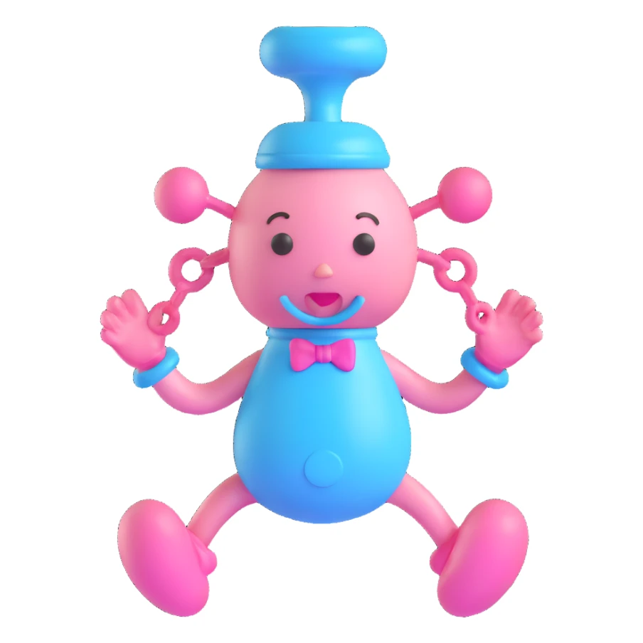 3D pacifier character, baby blue and pink, arms and legs, playful and mischievous sticker