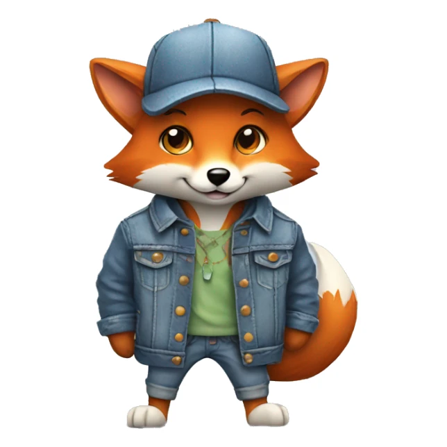 cartoon fox with mouse and denim jacket and hat and glass sticker