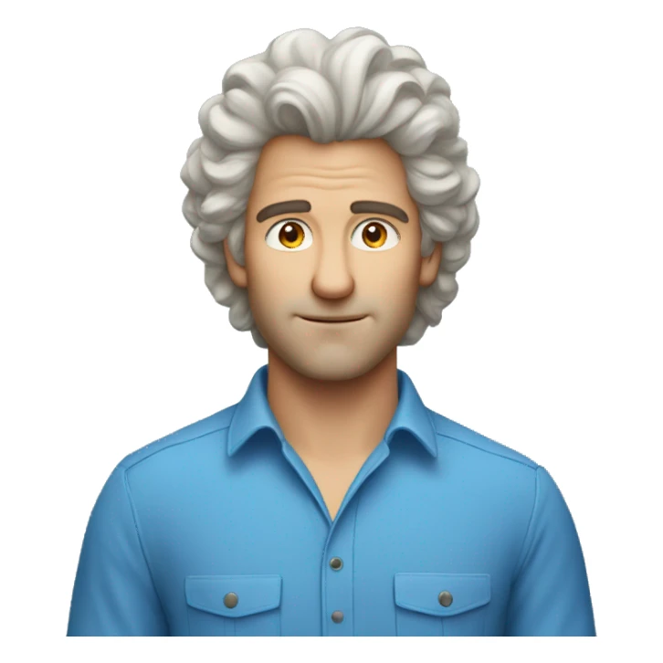 caucasian man in blue shirt with big hair sticker