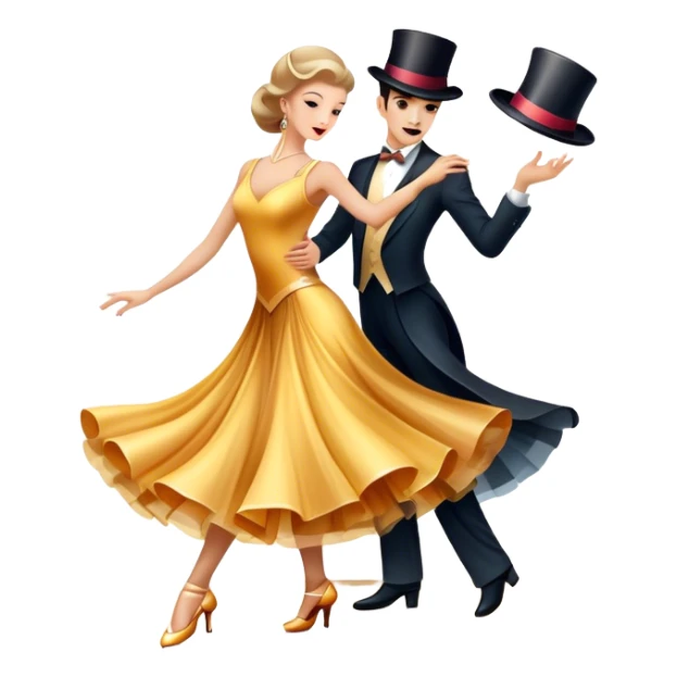Humanless Icon for Ballroom Dancing: a pair of elegant dance shoes, a flowing dress, a top hat, and a dance floor spotlight. The icon should represent the elegance and atmosphere of ballroom dance, focusing on the iconic dance elements. Transparent background. sticker