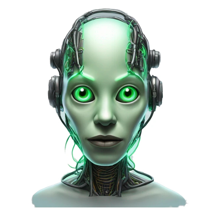 Round Alien cyborg head with glowing wires and green eyes  sticker