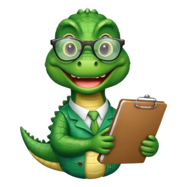 A cartoon alligator with a clipboard and glasses sticker