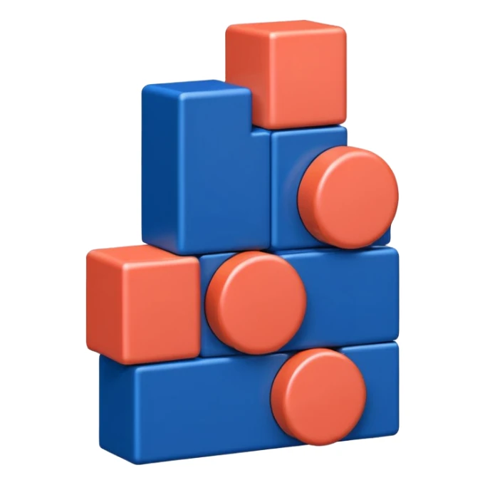 Modern minimal emoji: building blocks + connection flows + gear. Deep blue and coral colors. Professional no-code expert signature. Geometric clean style. sticker