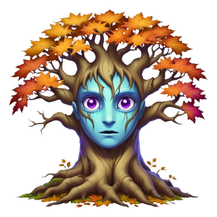 An ancient, psychic tree evolves by absorbing the essence of fallen autumn spirits, sprouting a radiant, maple-crowned face that channels both forest wisdom and fiery seasonal magic through its gnarled. Purple eyes, blue eyes sharp teeth, heterochromia sticker