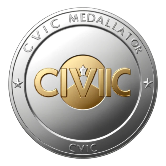 A silver coin type medallion with the words 'Civic Medallion' in large font on it. sticker