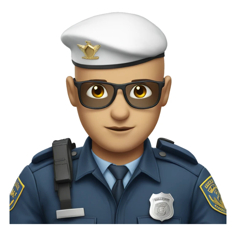 A WHITE Police man bald with blue uniform and cap with Big ANGEL WINGS sticker
