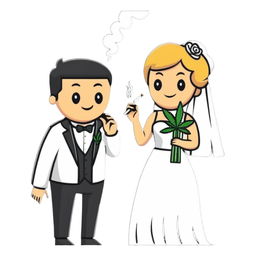 Person in fancy clothes sneaking into a wedding ceremony with a mischievous grin, uninvited guest, smoking cannabis sticker