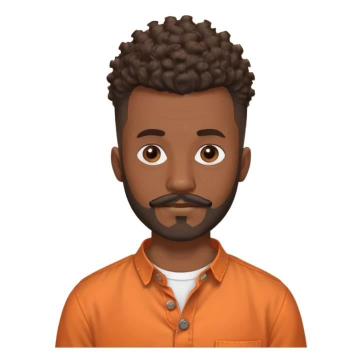 
"Brown adult man (around 24), curly mohawk with shaved sides, beard and mustache. Wearing an orange collarless round-neck button-up shirt. No teenage or old features."

 sticker