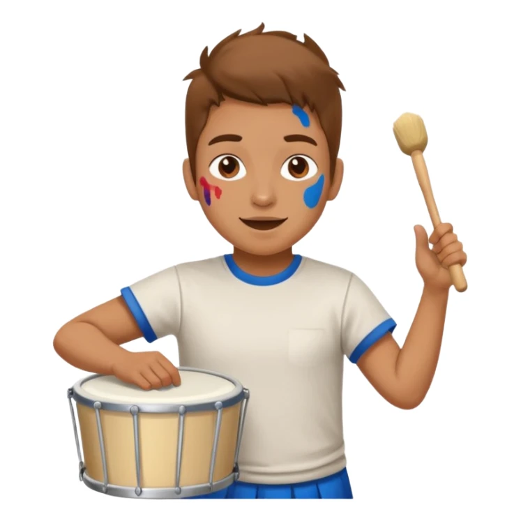 A loud fan, simple tee shirt with paint on his cheeks with a marching drum, beating it with enthusiasm sticker