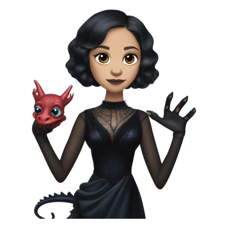 relaxed low cut back silk black evening gown with see-through gloves, Jenna Ortega as Addams woman prom queen wearing a mini tiara, very large blood blue evil-looking horned old dragon hand puppet sticker