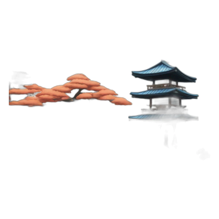 A lakeside island with a shinto gate and small Japanese house with a blue tiled roof sticker