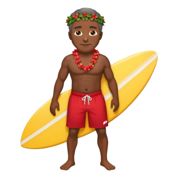 50 year old dark Hawaiian surfer with red shorts and a shell lei surfer  sticker