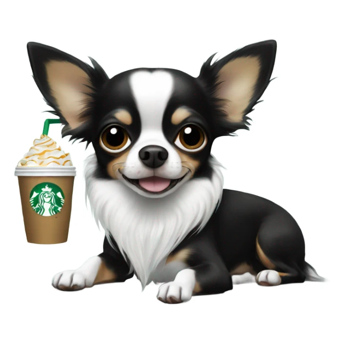 Black white long hair chihuahua eating Starbucks  sticker