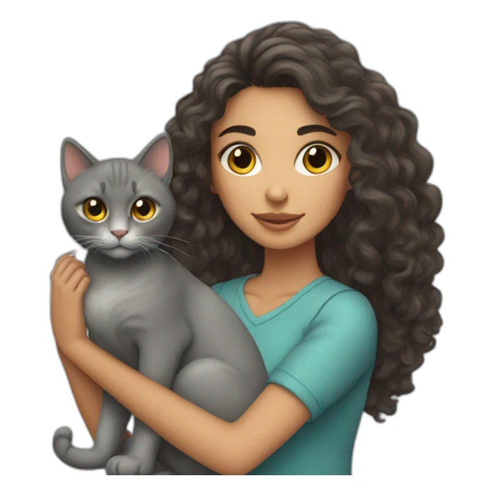 Young brunett woman with long curly hair holding a grey cat sticker