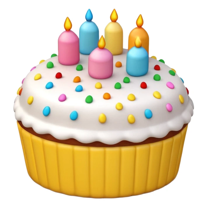 3D iPhone style emoji of a cake, round and fluffy, decorated with icing and sprinkles, isolated on white background, soft shadows, high detail, playful and cute. sticker