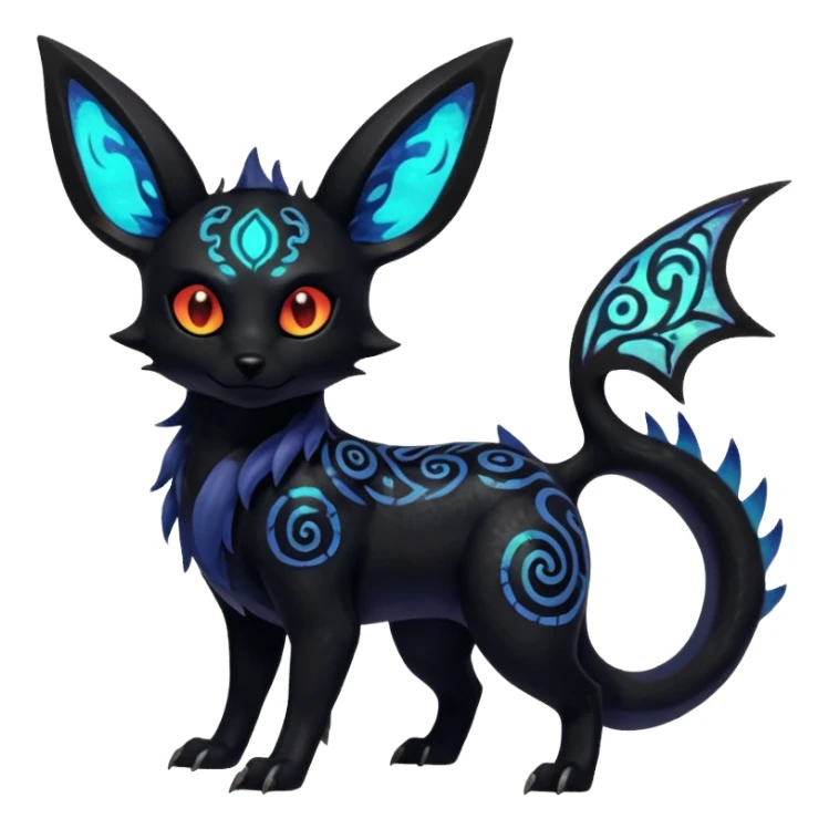 Shiny Fiery Dark Ugly Evil Realistic Glowing Eldritch Horror Cool Edgy Badass Emo Glorious Demonic Batty Punky Aural Iridescent Fluorescent Bioluminescent Umbreon-Amaura-Salandit-Litten-Flareon-Fakémon-fusion (full body) with intricate pattern markings sticker