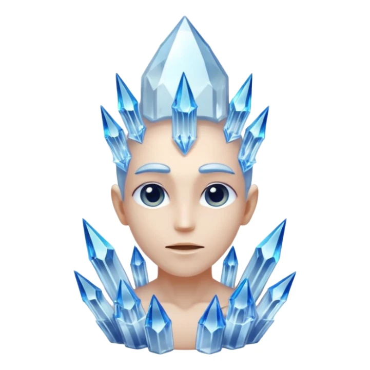 A single crystal character inspired by a clear quartz cluster, amorph base with many tall transparent crystal spikes growing upward all around it with a face sticker