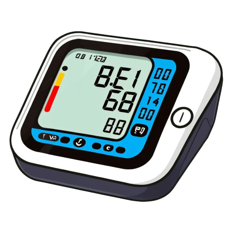 Digital blood pressure monitor showing high reading with numbers on display, hypertension sticker