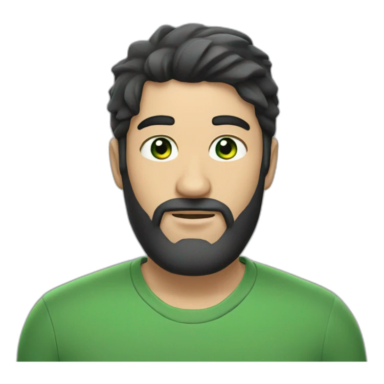 Man with black hair and beard, and green eyes, gray caps sticker