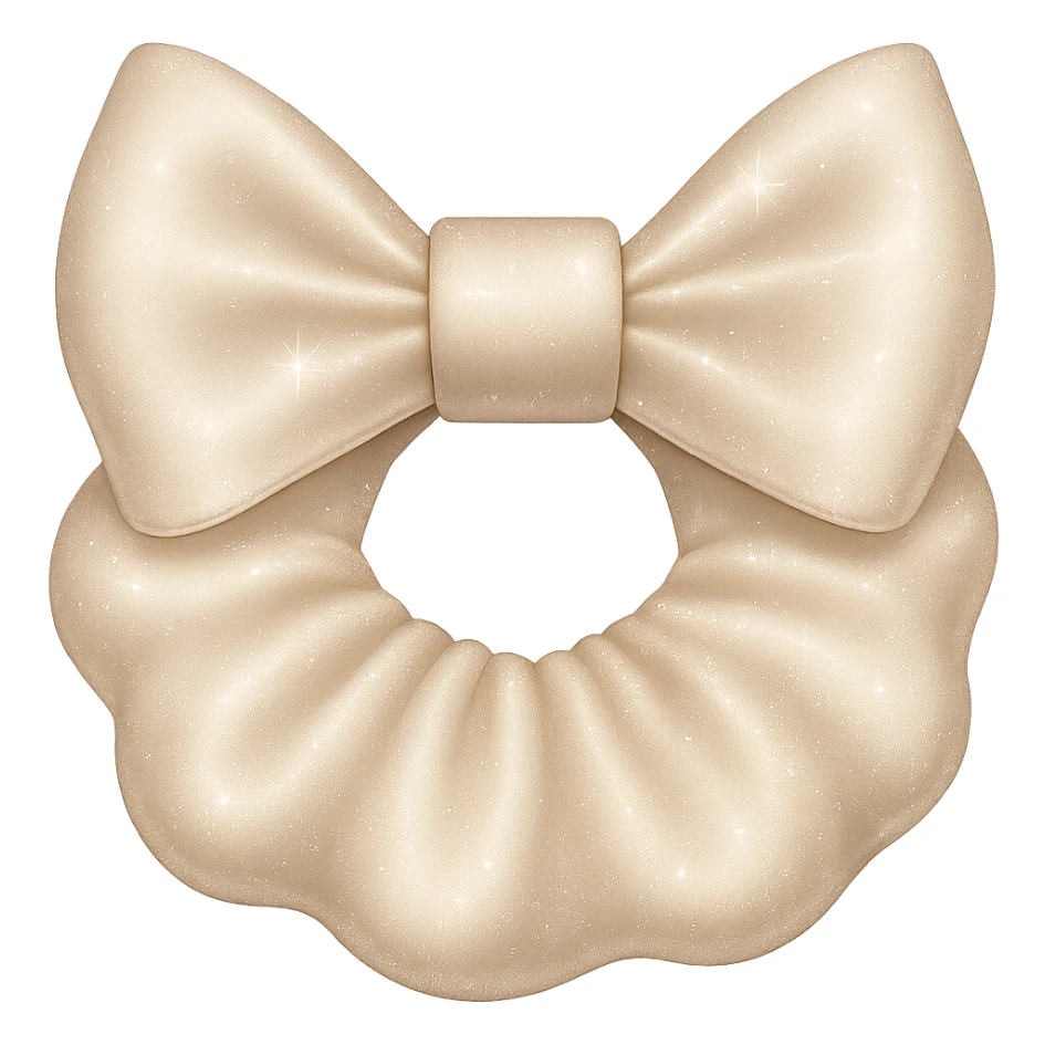 Add a shimmer effect to the small silky white scrunchie with a bow in the style of emoji (apple style emojis). Keep the shimmer subtle and delicate, enhancing the silky texture. Remove the background. sticker