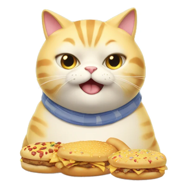 a jumbo cute fat yellow cat is eating a all junk food sticker