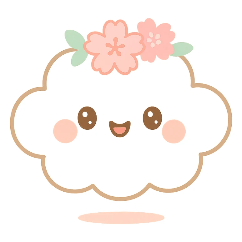 vanilla-colored cloud doe, floating with rosy cheeks and a cherry blossom crown, brand mascot for social media sticker