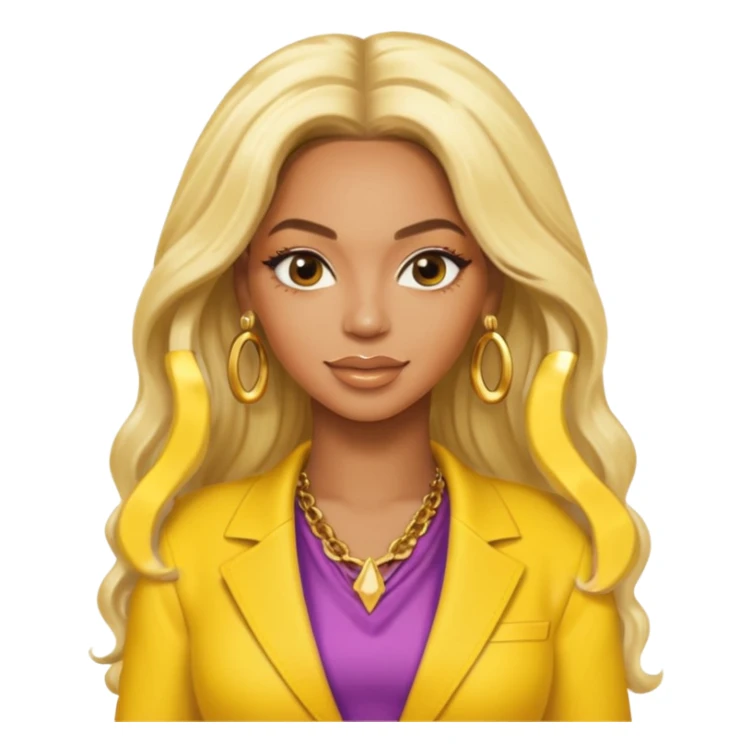 Beyonce with platinum blonde long hair, yellow outfit and earring sticker