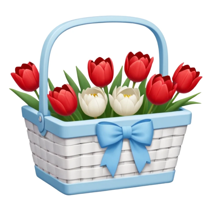A white Picnic basket with pastel blue bow, white peonie, tulips sticker