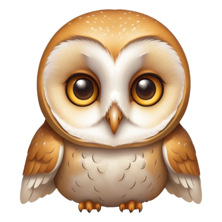 Cinematic Cute Barn Owl Portrait Emoji, Head tilted playfully and inquisitively, featuring a softly mottled Fur of white and brown with delicate feather patterns, round, sparkling amber eyes filled with curious wonder, Simplified yet irresistibly adorable features, highly detailed, glowing with a warm, friendly glow, high shine, affectionate and gentle, stylized with a touch of barnyard whimsy, bright and endearing, soft glowing outline, capturing the essence of a mischievous yet loving owl, so playful it feels like it could swoop out of the screen and into your arms! sticker