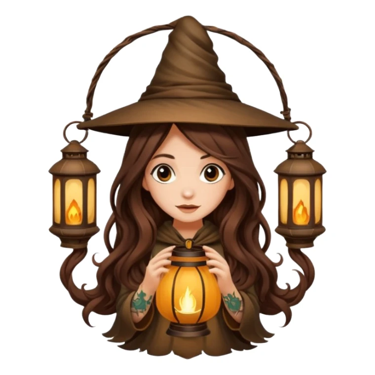 cute forest witch woman long wavy brown hair tattoos hiding inside lantern sticker