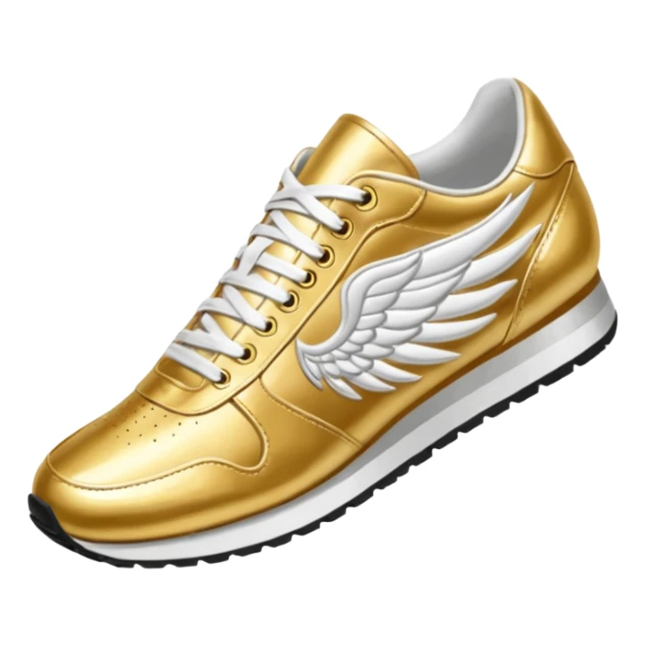 Gold low top track shoe with one white wing on each side of shoe sticker