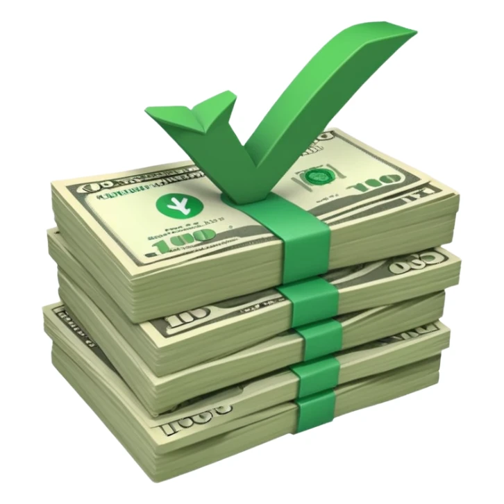 stack of bills facing up with a big green tick in the background sticker