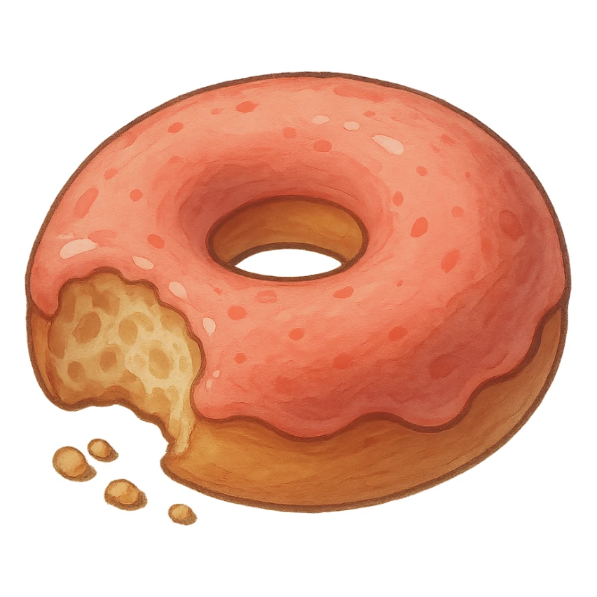 Bitten donut in Ghibli style, detailed, soft red colors, with no background sticker