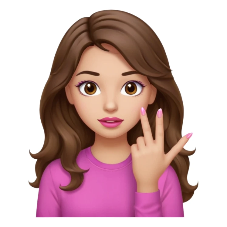 girl with long wavy brown hair, brown eyes, light to medium complexion, in a pink shirt, pink lips, long lashes, puckered lips,  showing  finger nails sticker