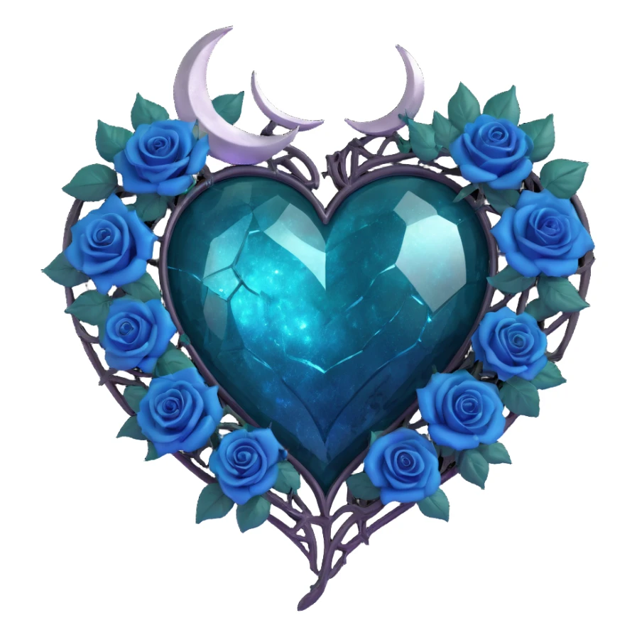 gothic heart made of dark teal glass with silver crescent moon, midnight blue roses, holographic stardust, neon lightning, drenched look, splintered glass texture sticker