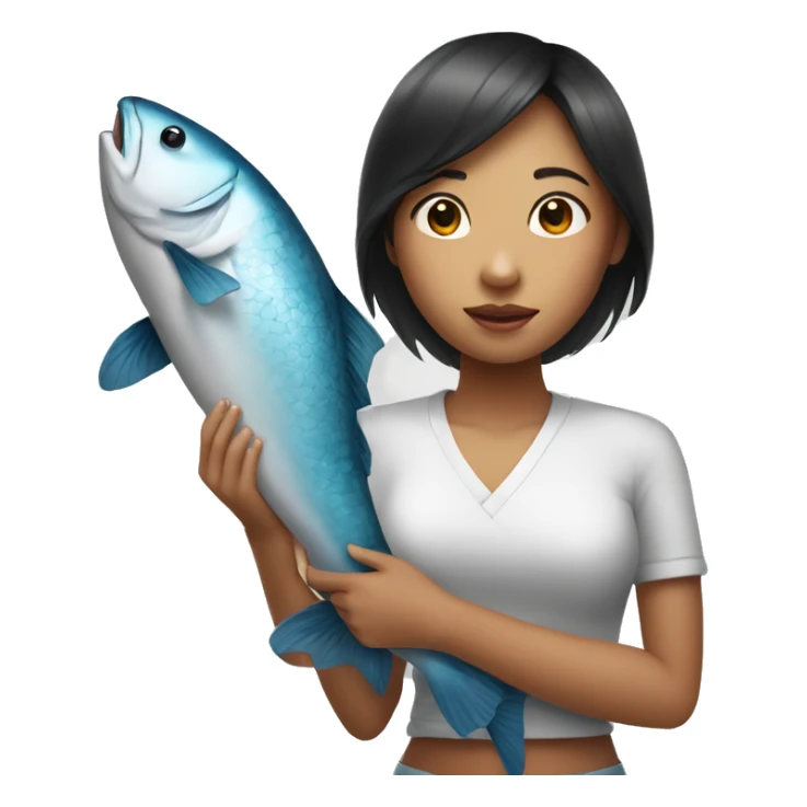 a asia skin girl is holding a big fish sticker