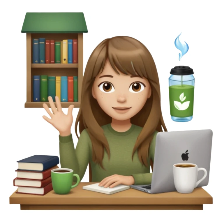 a designer with light skin long brown hair bangs waving, stack of books, coffee cup on top, water bottle, computer, matcha  sticker