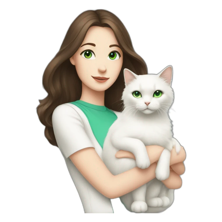 brunette with blue eyes holds a white fluffy cat with green eyes sticker