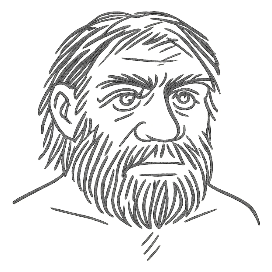 a bearded Neanderthal man with blue eyes, hand-drawn sketch style, detailed line art sticker