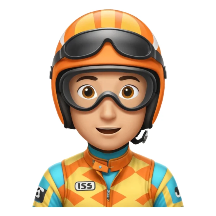 horse race jockey portrait, head and shoulders only, bright patterned racing uniform, helmet and goggles, energetic expression, 3D cartoon, mobile game icon style, clean background, no text, no watermark
 sticker